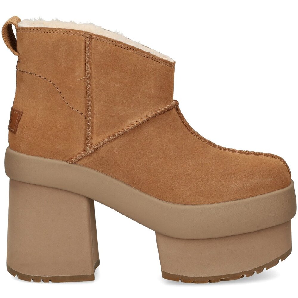 Ugg Uggs New Heights Platform Mini Suede Chestnut Beige Tan Boots Heels NWOB 8